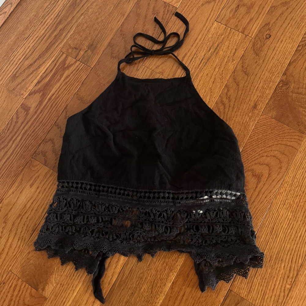 American Eagle Outfitters Black Crochet-Hem Halter Camisole